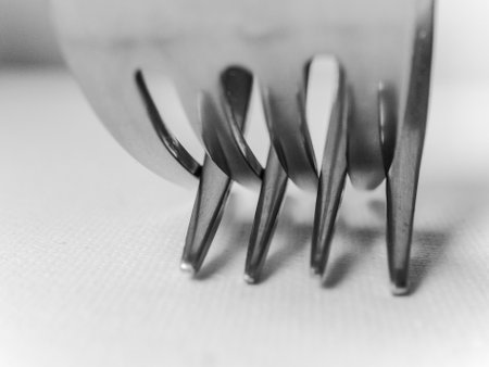 Close up of a fork. The fork is silver and has four prongsの写真素材