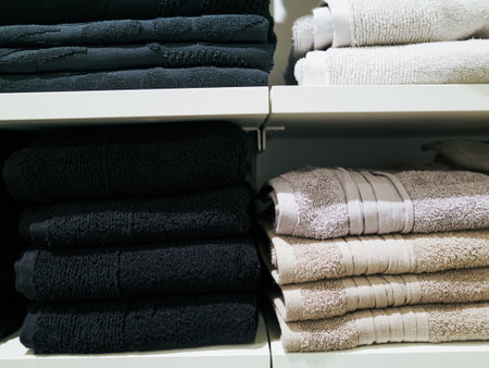 Row of towels, some black and some white, are stacked on a shelfの写真素材