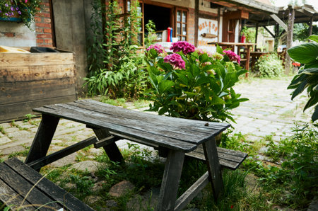 Wooden picnic table sits in front of a flower garden. The table is empty and the flowers are pinkの写真素材