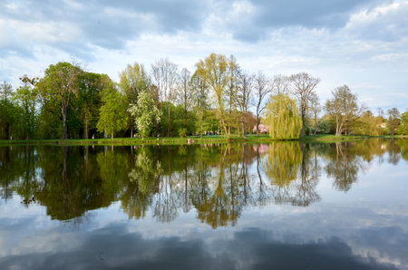 A lake with trees in the background and a cloudy sky. The water is calm and the trees are greenの写真素材