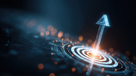 Arrow pointing up on abstract technology background. 3D Rendering