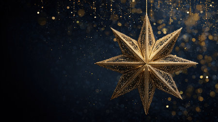 Golden christmas star on black background. Christmas and New Year concept