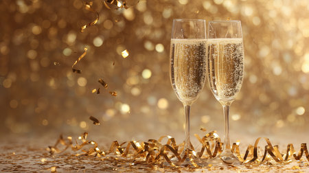 Glasses of champagne with ribbons and confetti on bokeh backgroundの写真素材