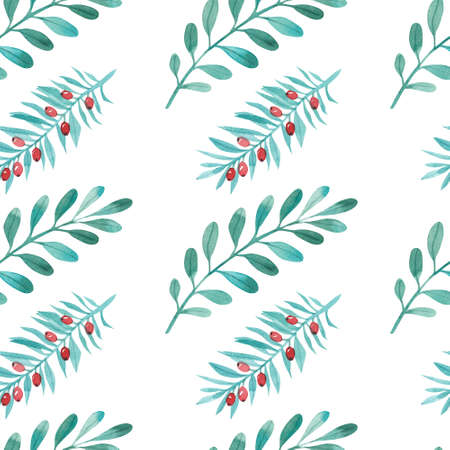 seamless patterns with green plants and red berries, spring theme, summer time, christmasの写真素材