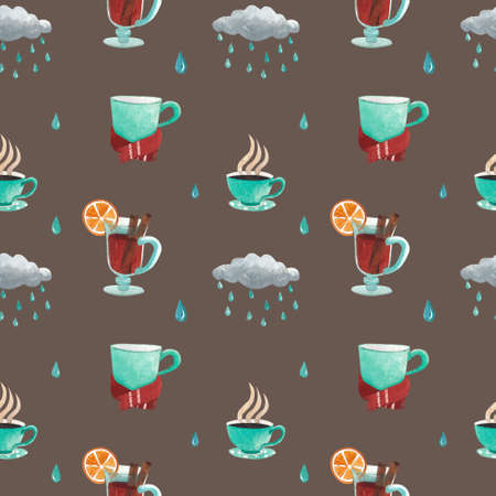 seamless pattern with autumn objects, umbrellas, clouds, hot drinks and warm things