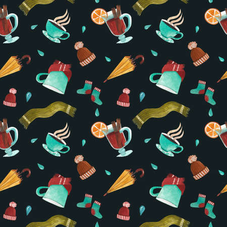 seamless pattern with autumn objects, umbrellas, clouds, hot drinks and warm things