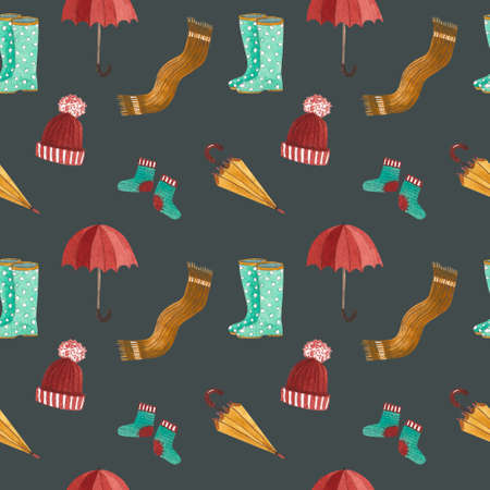 seamless pattern with autumn objects, umbrellas, clouds, hot drinks and warm things