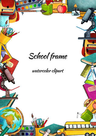 school frame, frame of school objects, digital clipart of school supplies, card, letterの写真素材