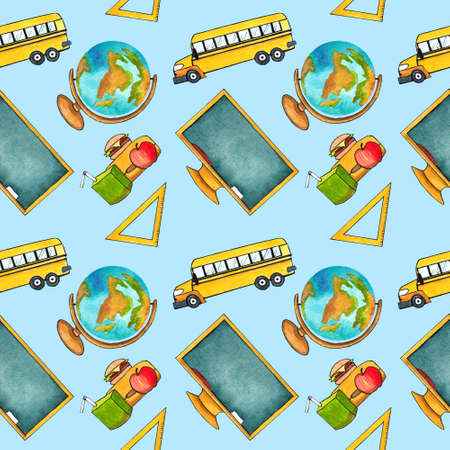 seamless pattern with isolated watercolor clipart, school set, back to school, day of knowledge.の写真素材