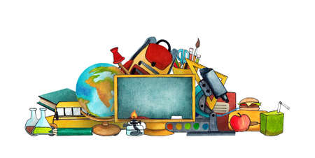 watercolor set drawn by watercolor, digitally isolated clipart. back to school, school accessories. postcard to school againの写真素材