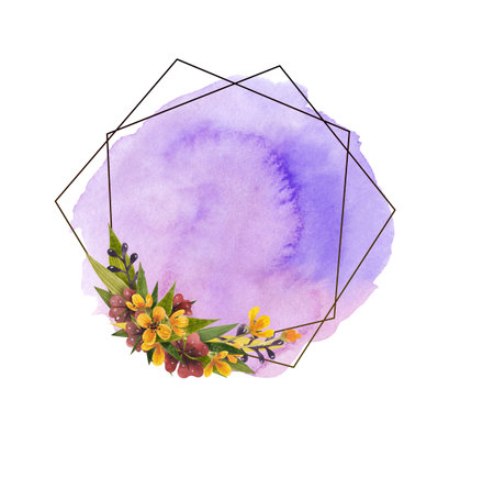 watercolor background with floral wreathの写真素材
