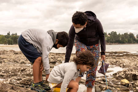 a Caucasian family walks on the rocks searching for molluscsの写真素材