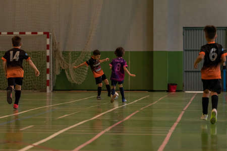 Salceda, Pontevedra, Spain. 14th May 2022. children indoor soccer league matchのeditorial素材