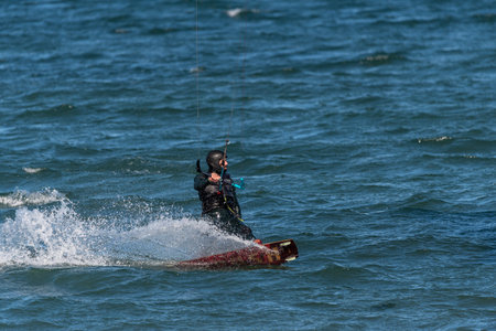 Illa de Arousa, Pontevedra, Spain - january, 21, 2022: kitesurfing training session for summer championshipsのeditorial素材