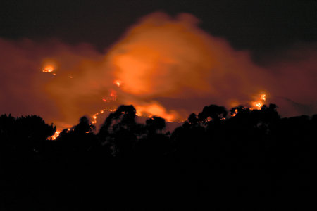 Illa de Arousa, Pontevedra, Spain. August 5, 2022: fire the mountains in Arosaのeditorial素材