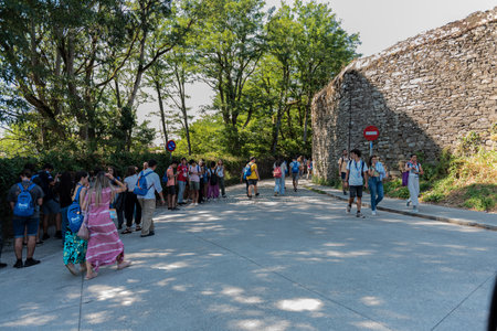 Santiago de Compostela, Spain. august 5, 2022: thousands of young pilgrims arrive in Santiago de Compostelaのeditorial素材