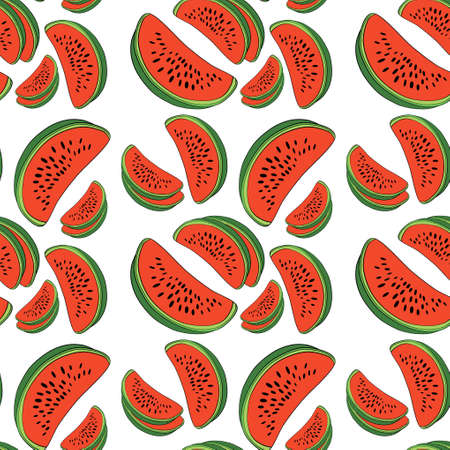 Watermelon. Berry - watermelon. Illustration of watermelon slices. Illustrations for postcards, banners, covers, albums, mobile screensavers, scrapbooking, advertising, blogs. Seamless patternの写真素材
