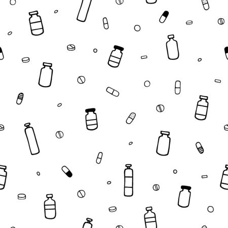 Seamless vector medical pattern. Black outline of pills, medicine bottles isolated on a white background. Painkillers, antibiotic, vitamins on a pharmaceutical illustration for wallpaper, card, posterのイラスト素材