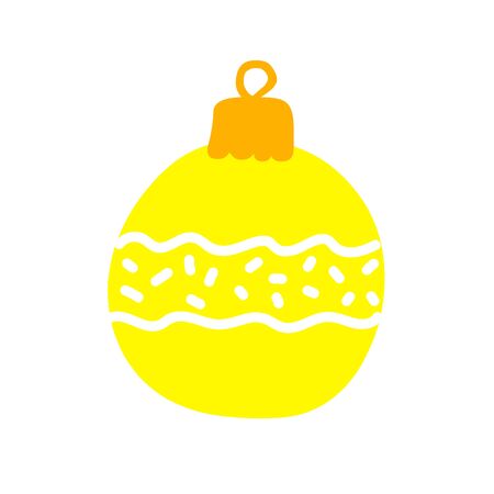 Christmas ball Isolated on a white background. Yellow decoration with waves and snow. Vector festive New Year illustration. Cute winter holidays symbol hand-drawn in a minimalistic Scandinavian styleのイラスト素材