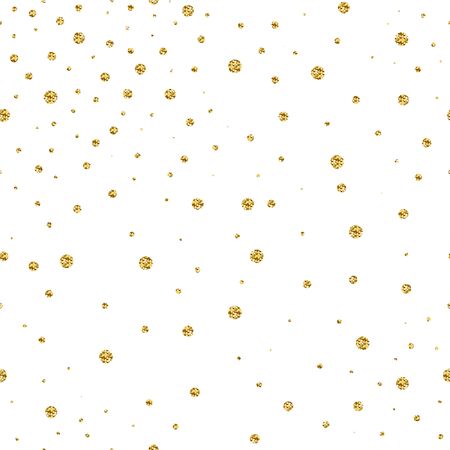 Seamless brilliant glitter pattern. Gold shiny Sparkles isolated on white background. Round sparkling random festive confetti. Trendy Vector stock illustration for design of the holidays, Christmasのイラスト素材
