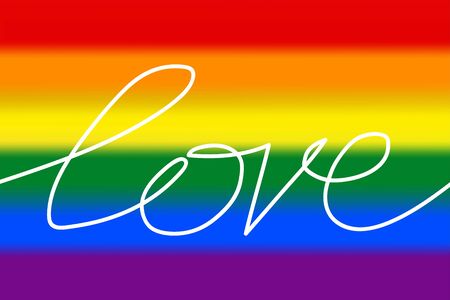 Blurred LGBT Pride Flag with Line art lettering Love. Rainbow symbol of lesbian, gay, bisexual and transgender LGBT people. Vector illustration of a sign of love, tolerance and equality. One line textのイラスト素材