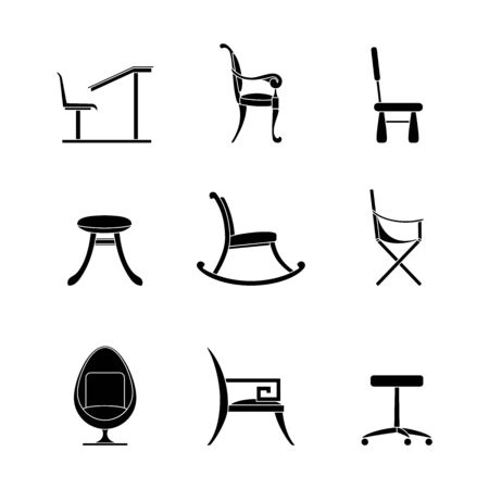 Chairs glyph icons Set . Different options for chairs and armchairs. Black outline of interior items isolated on a white background. Line Computer, children, camping, school, rocking, egg chair, stoolのイラスト素材