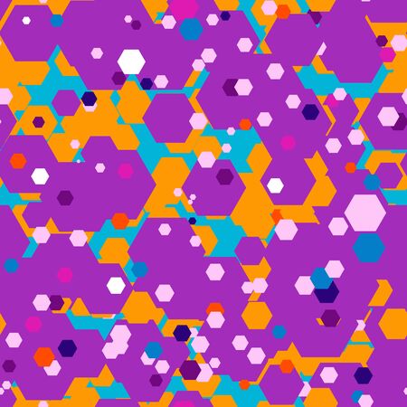 Seamless vector multicolor pattern. Blue, purple, orange random hexagons. Geometric polygonal stock...