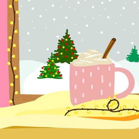 Cozy New Year Scandinavian vector illustration. Warm holiday interior, window, garland, decorations. Cute cup with a hot drink on a plaid. Winter snow landscape. Christmas tree, Eggnog, coffee, cocoaのイラスト素材