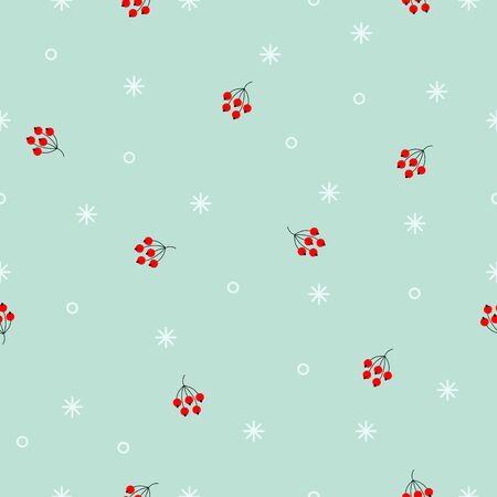 Seamless winter pattern. Random White snowflakes and red berries on blue background. Minimalistic Vector holiday illustration for wallpapers, wrapping paper, textile. Christmas and New Year Ornamentのイラスト素材