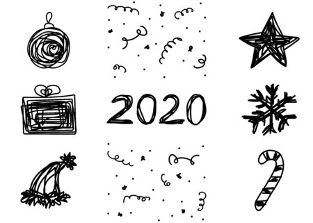 Christmas set star, gift, ball, candy, snowflake, Santa hat on a white background. Hand-drawn tangled black line of Christmas decorations. Symbols of winter holidays. Messy Vector Illustrationのイラスト素材