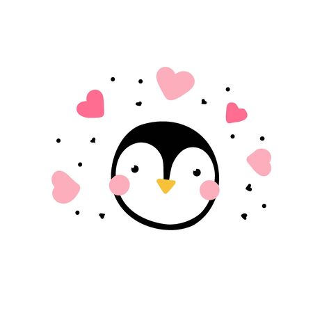 penguin in love. Cute bird with eyes and pink hearts around isolated on a white background. Minimalistic surprised character - vector illustration, stickers, cards, childish design. Penguin dayのイラスト素材