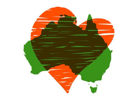 Save Australia vector illustration. Australia continent green silhouette with red heart isolated on white background. A sign of support for charitable and rescue operations after fires in Australiaのイラスト素材