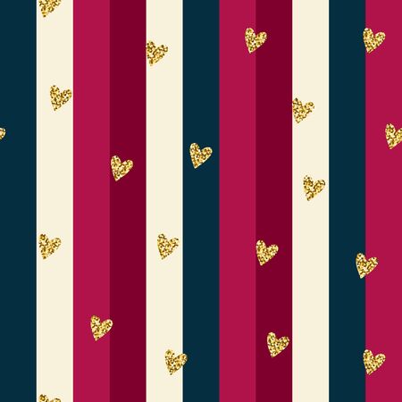 Seamless brilliant glitter pattern. Gold shiny Sparkles on blue, lilac striped background. Sparkling hearts random festive confetti. Trendy Vector stock illustration for Valentine's Day, weddingsのイラスト素材