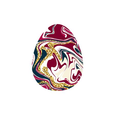 Marble texture egg. Liquid texture happy easter symbol. Painted pink, red, blue egg with gold glitter isolated on white background. Vector stock illustration, water surface, sparkles, waves, stainsのイラスト素材