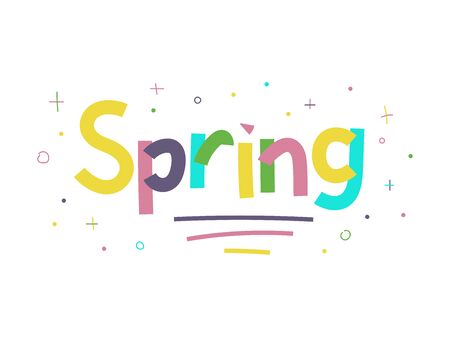 Lettering Spring. Word spring isolated on a white background. Pastel hand drawn concept. Paper Cut colored letters with dots, lines, stars. Fresh spring lettering. Vector stock season illustrationのイラスト素材