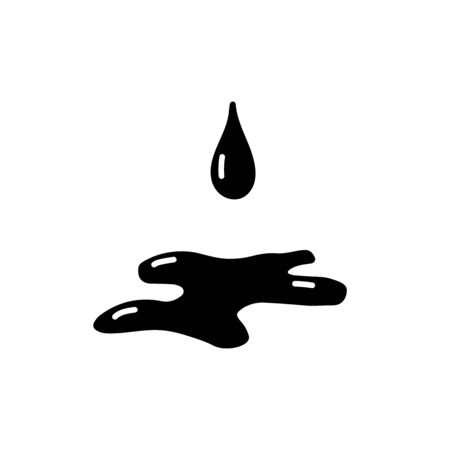 Doodle drop. Drop of water or oil icon. Black glyph icon isolated on white background. A hand-drawn drop of oil with a puddle underneath. Black dripping liquid. Sign of oil. Vector stock illustrationのイラスト素材
