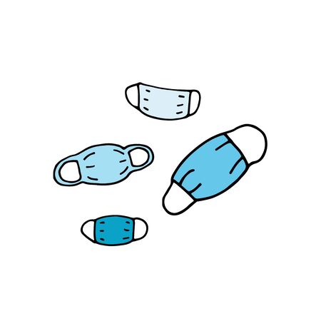 Medical set. Doodle medical mask for protection against diseases. Vector illustration with pharmaceutical hand drawn mask isolated on white background. Sign of doctors, disease prevention, sterilityのイラスト素材