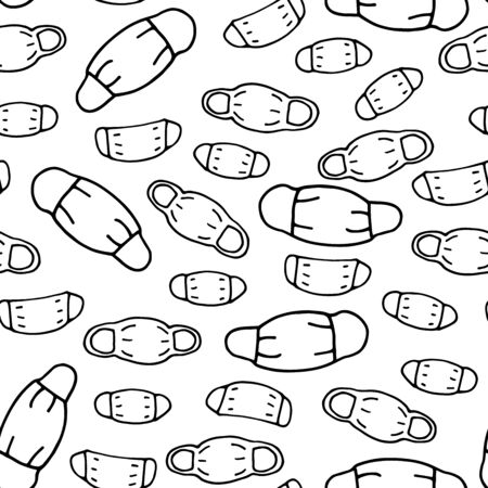 Seamless pattern. Doodle protective medical mask isolated on white background. Black outline masks set for doctors, patients, protection against diseases, influenza, coronovirus. Vector illustrationのイラスト素材