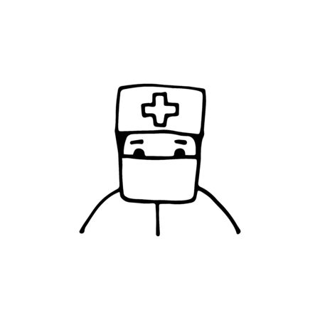 Vector doodle character doctor. Outline man in a protective mask. Medical worker isolated on white background.のイラスト素材