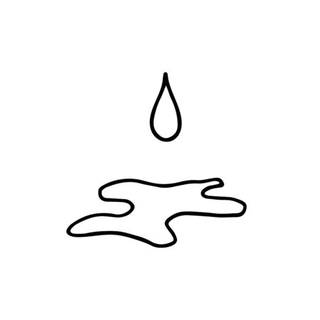 Doodle drop. Cartoon Drop of water or oil icon. Line icon isolated on white background. A hand-drawn drop of oil with a puddle underneath. Black dripping liquid. Sign of oil. Vector stock illustrationの写真素材