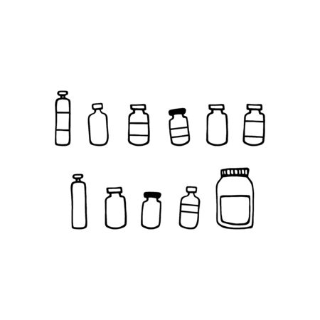 Medical drug container set. Doodle bottles for different shapes. Vector illustration with pharmaceutical hand drawn medicine isolated on white background. Signs of medications, treatment, tabletsのイラスト素材