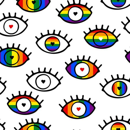 Hand-drawn eye with eyelashes isolated on white background. Loving look with Hearts shaped eyes of a rainbow color. Vector illustration for wallpaper, cards, posters, bannerのイラスト素材