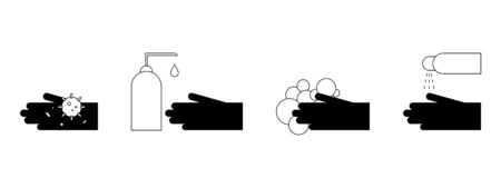 Wash your hands illustration. Set glyph hygiene icons. Dirty hands with bacteria, Covid-19, soap, foam, sanitizer, antiseptic. Vector symbols of cleanliness, health care, stop pandemic coronavirusのイラスト素材