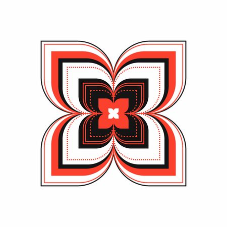 Vector geometric abstract flower. Ornamental plant isolated on white background. Symmetrical floral ornament. Red with black square, circle mandala. Line Petals with dots. Ethnic symbol illustrationのイラスト素材