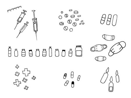 Medical stuff set. Vector black outlines of syringes, masks, tablets, drugs, cans, ampoules, crosses, adhesives isolated on white background. Stock Collection of Hand-Drawn Pharmaceutical Elementsのイラスト素材