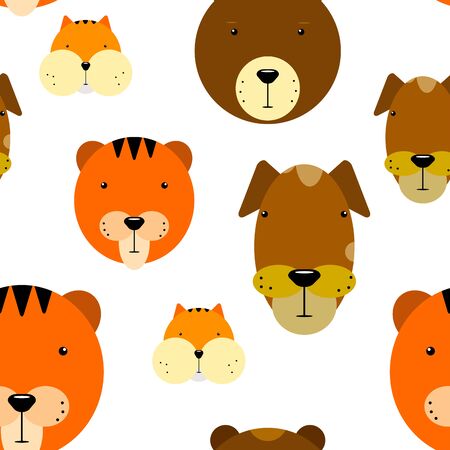Seamless animalistic pattern. Kawaii animals bear, dog, tiger, hamster. Funny vector illustration on a white background in cartoon style. Cute animal faces for wallpapers, posters, wrapping paperのイラスト素材