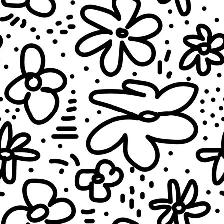 Seamless floral pattern. Outline plants isolated on a white background. Hand-drawn flowers, dots, lines, details. Vector stock illustration for wallpaper, clothes, textile, wrapping paper, baby designのイラスト素材