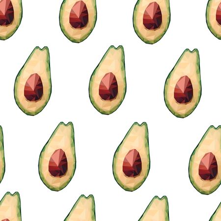 Seamless low poly avocado pattern. Vector polygonal avocado sign isolated on white background. Green...