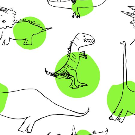 Vector Seamless pattern with pterodactyl, tyrannosaurus, triceratops, diplodocus. Illustration with dinosaurs on a white background for textiles, wallpapers, banners, posters, design for childrenのイラスト素材