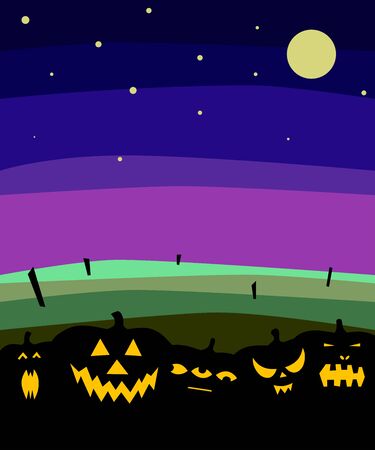 Halloween banner with pumpkins silhouettes on night background. Autumn scary landscape. Happy Halloween spooky postcard. Vector stock illustration with Holiday characters, sky with stars, glowing eyesのイラスト素材